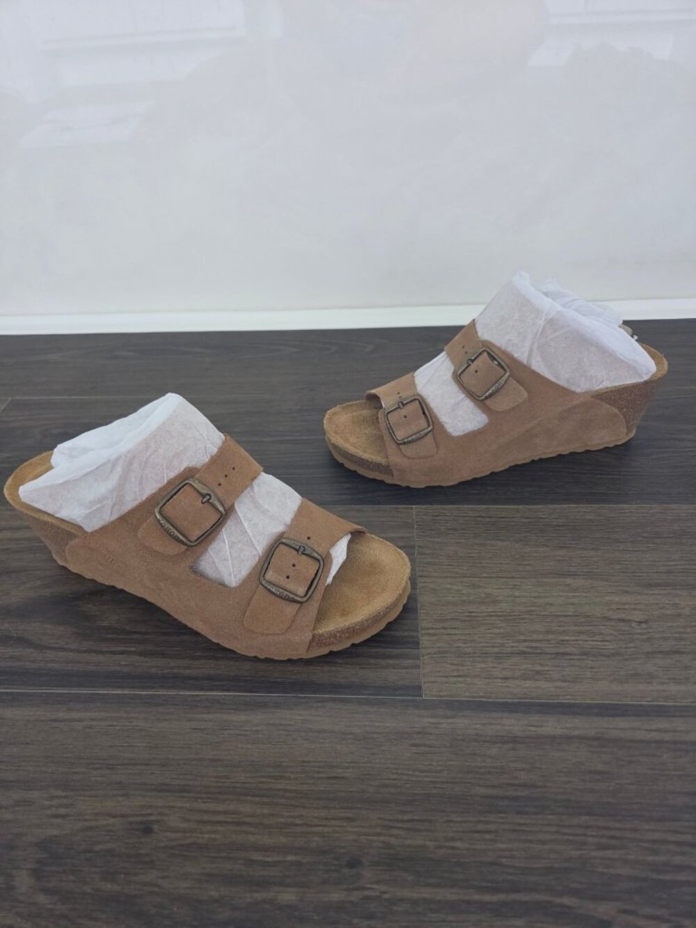 💙 Yokono Spain Leather Suede Double Buckle Wedge Size 9 Slide Sandals Tan